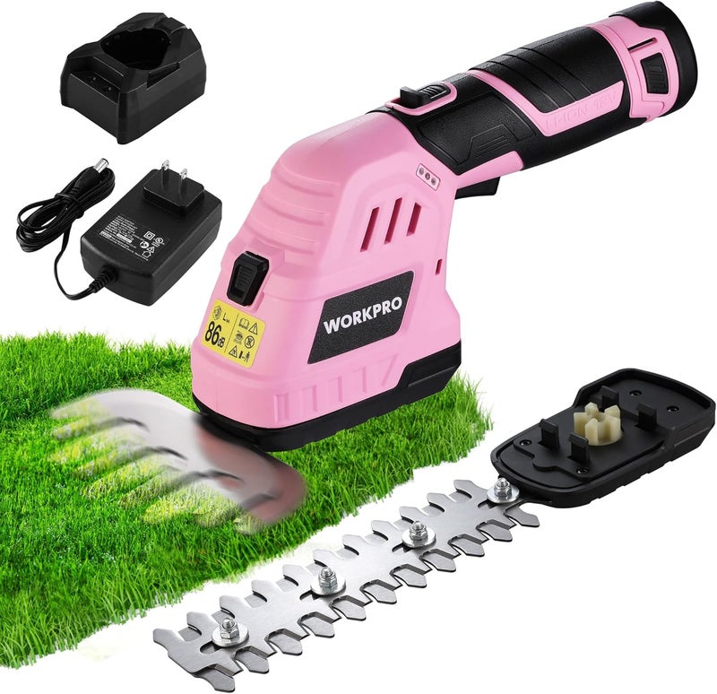 WORKPRO مقص العشب اللاسلكي 12 فولت وقاطع الشجيرات - 2 في 1 مقص شجيرات محمول، قاطع شجيرات كهربائي/مقص عشب مع بطارية ليثيوم أيون قابلة للشحن بسعة 2.0Ah وشاحن سريع لمدة ساعة، شريط وردي - Image 1